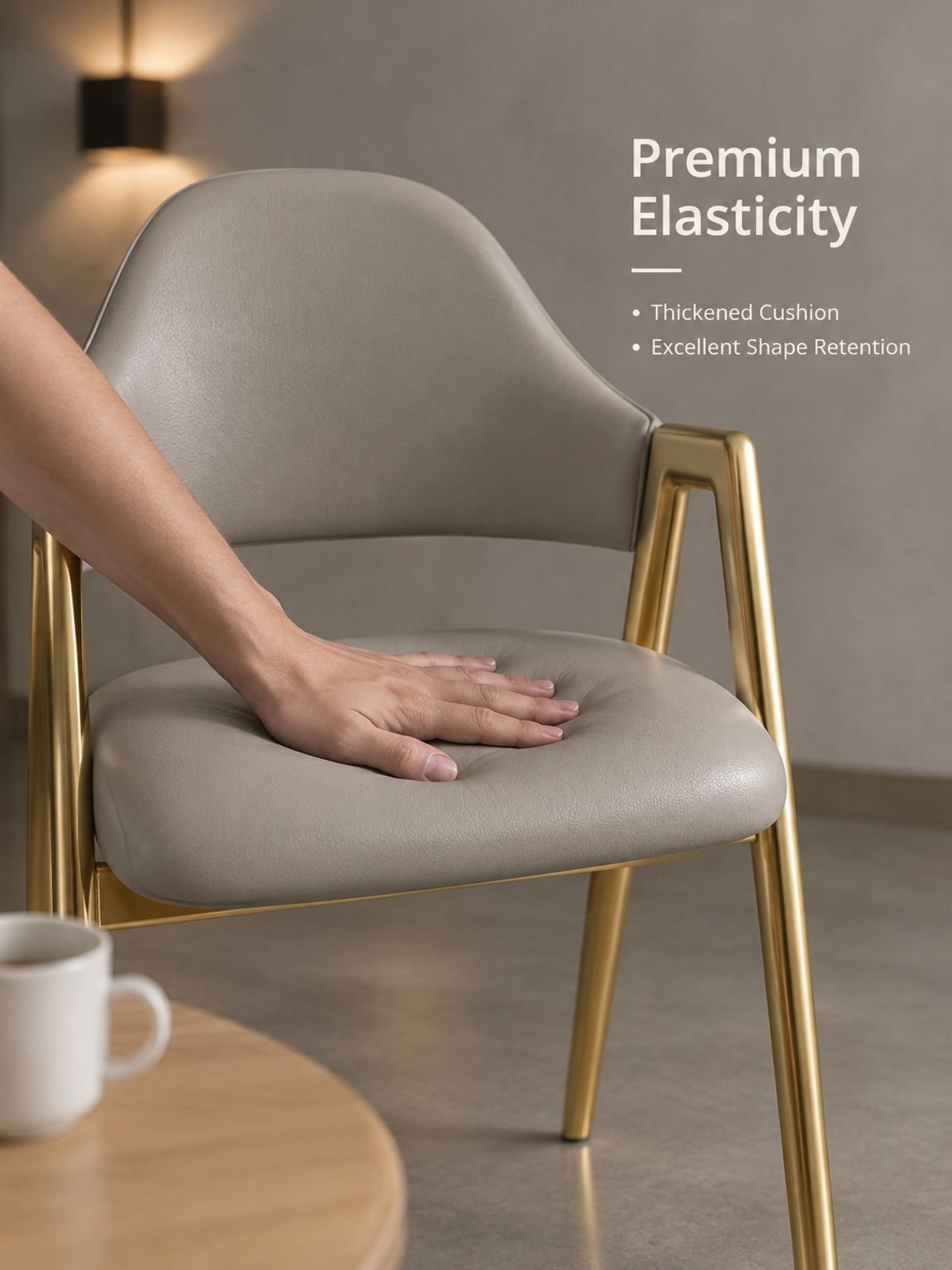 Front view of a modern A-frame accent chair with supportive backrest