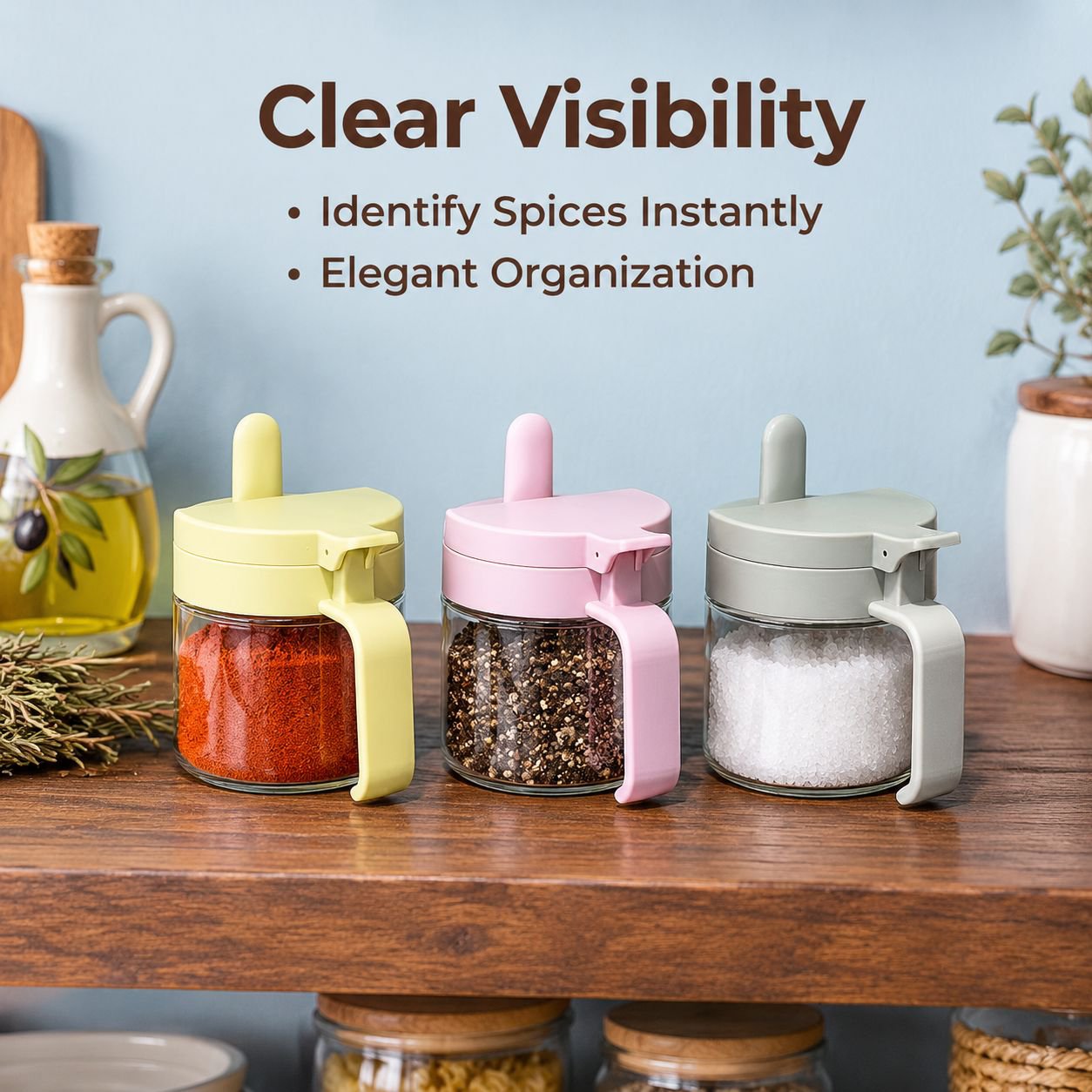 Airtight Moisture-Proof Plastic Spice Jar with Press Pop-Up Lid and Built-in Spoon