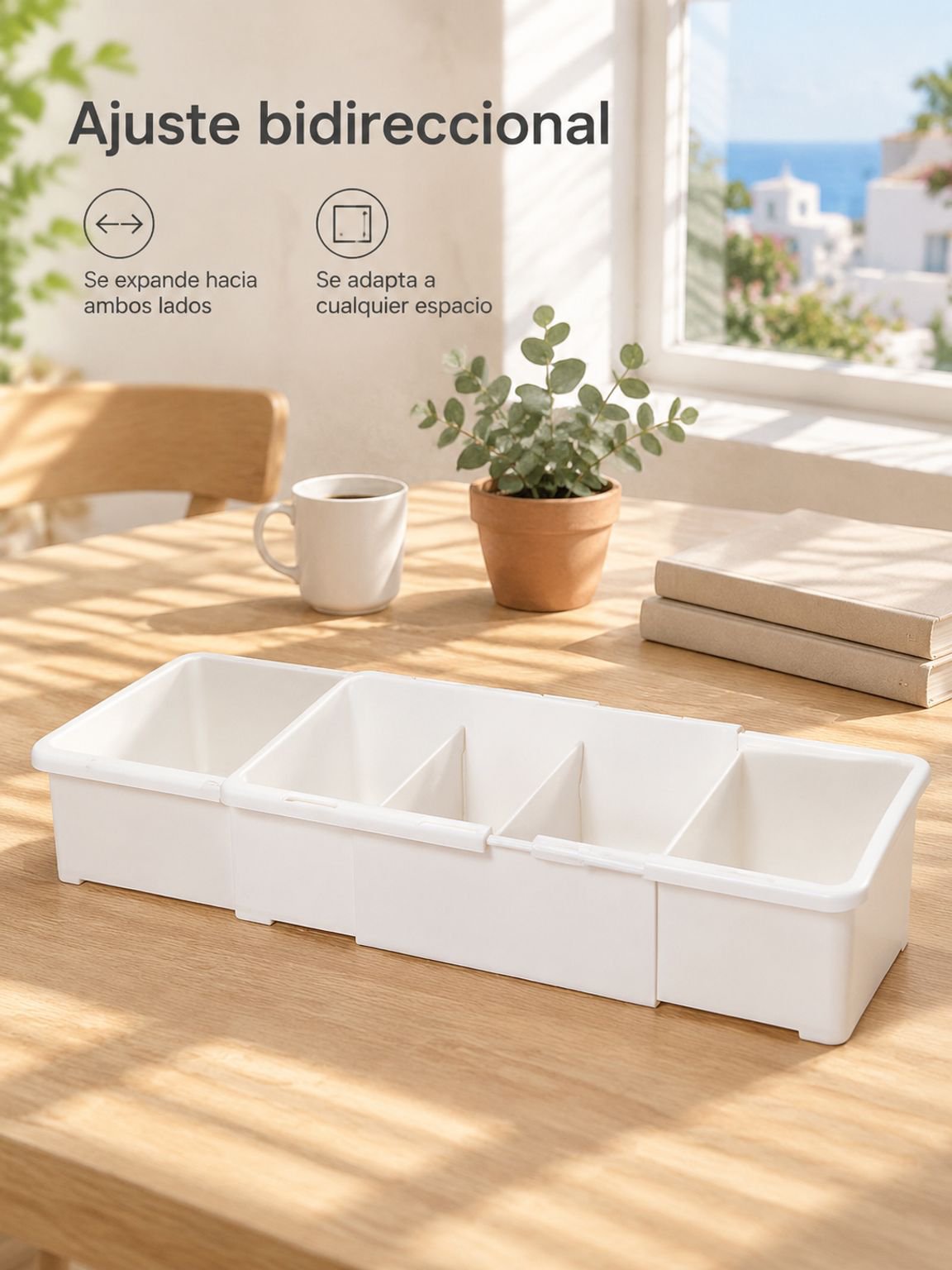 Accesorios de escritorio organizados en un organizador extensible
