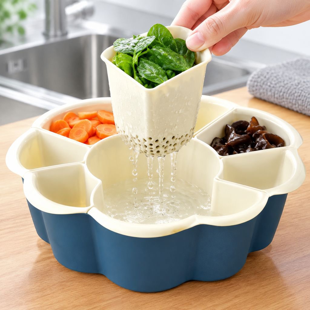 仕切り付き回転式ホットポット野菜皿、二層構造の特殊プラスチック製多機能丸型サイドディッシュプレート（家庭や集まりに最適）