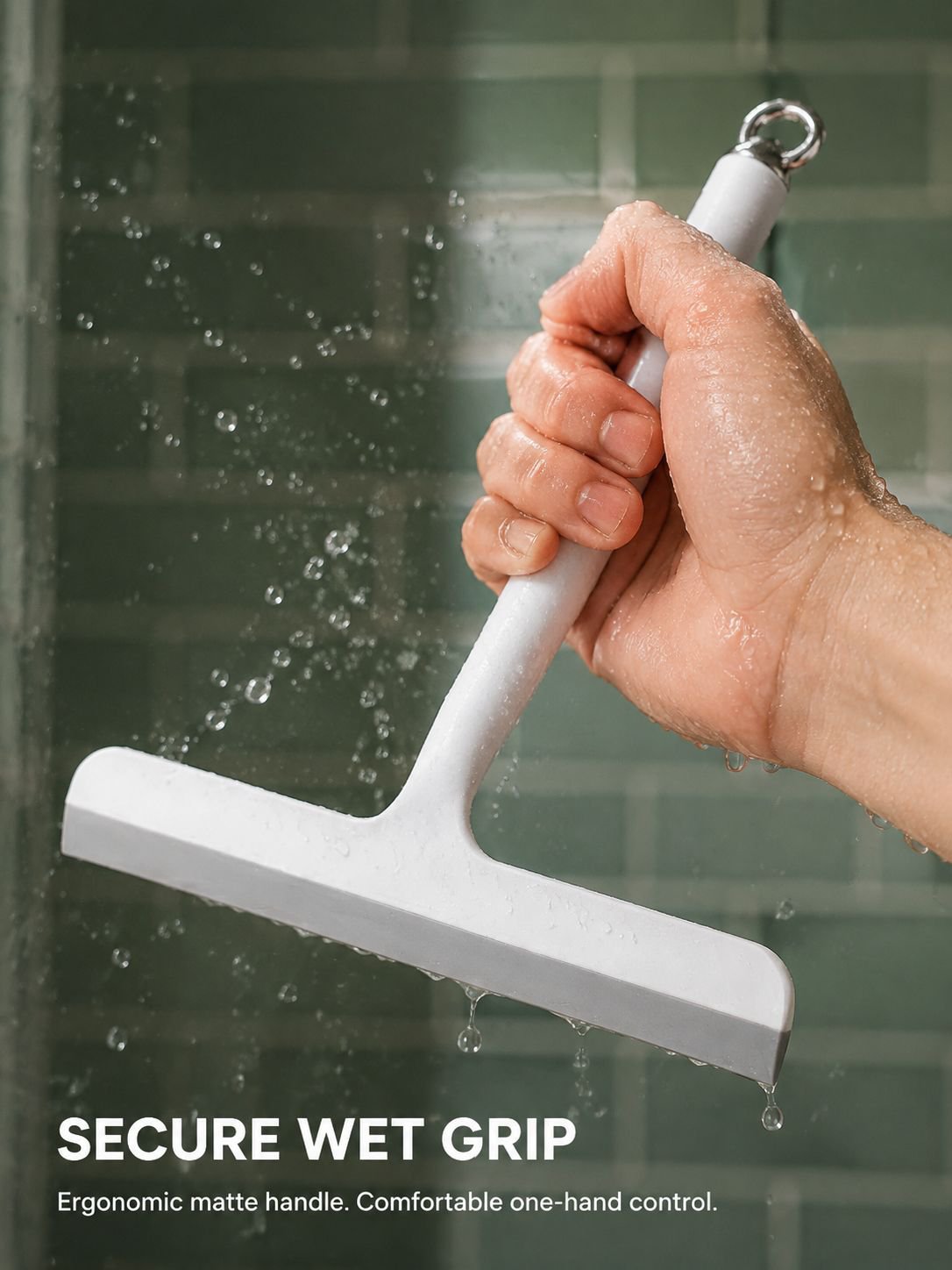 Squeegee tool removing water from bathroom mirror