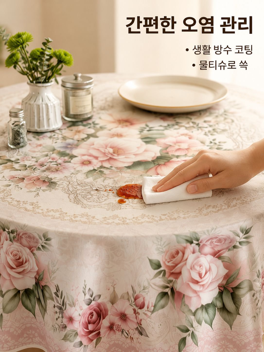 유럽식 식물 프린트 원형 테이블보