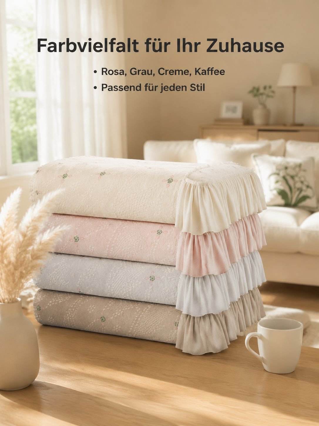 Vollständige Sofahusse mit Spitzenrüschen, Chenille-Stoff im Cream-Stil