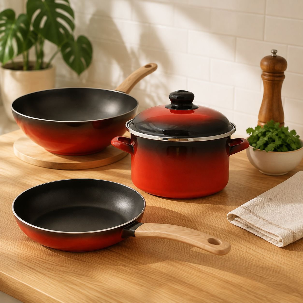 Set of soup pots and frying pans