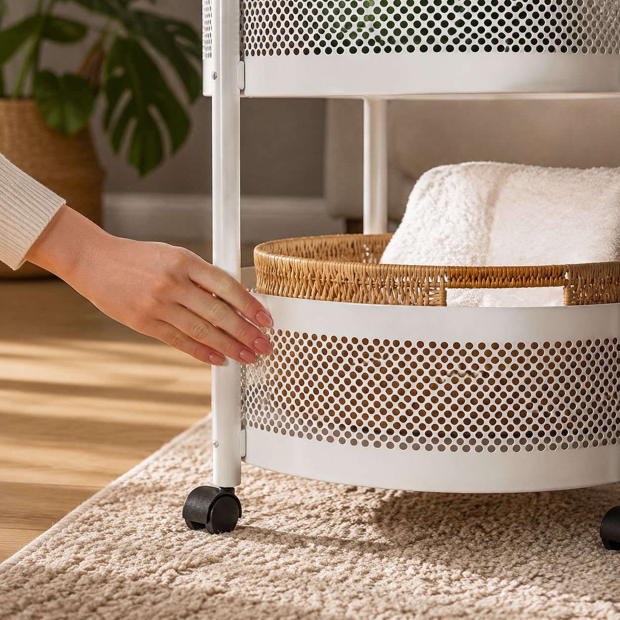 Versatile rolling storage shelf used in a kitchen for organizing utensils