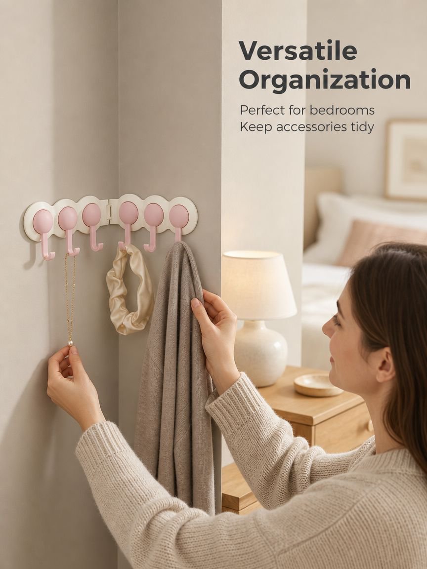 Cream row wall hooks in a compact hallway space