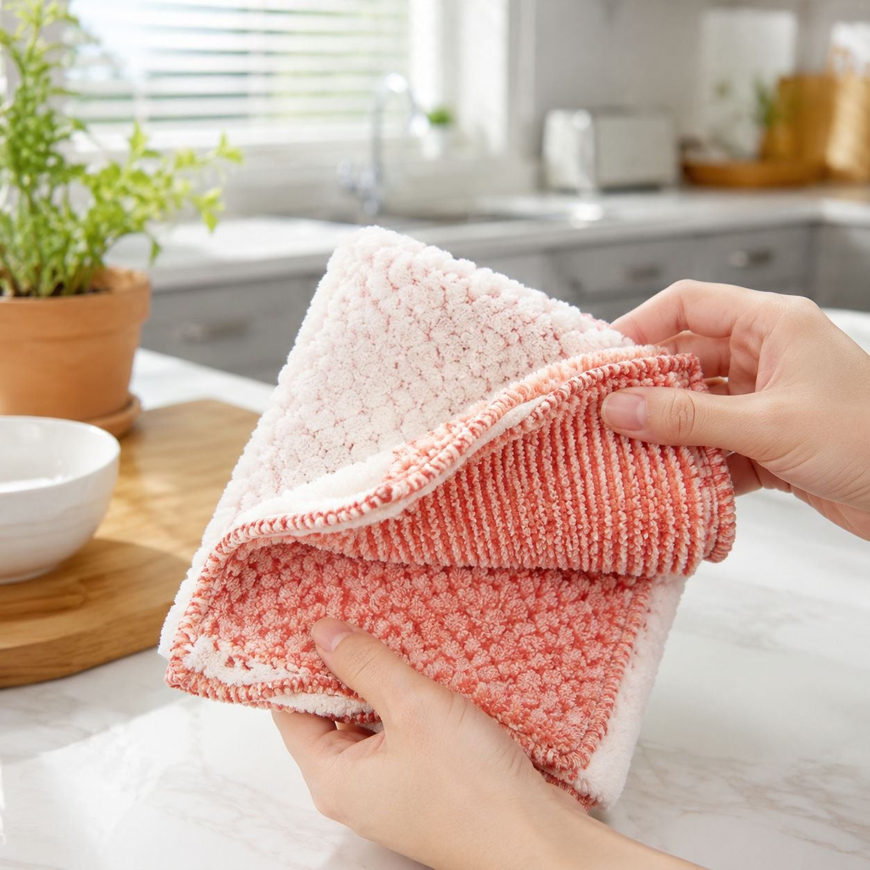Non-stick coral fleece kitchen cleaning cloth in use