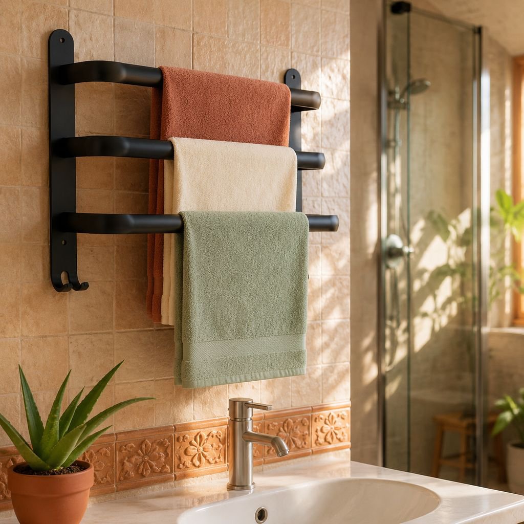Toallero y estante de baño sin necesidad de perforar, almacenamiento integrado