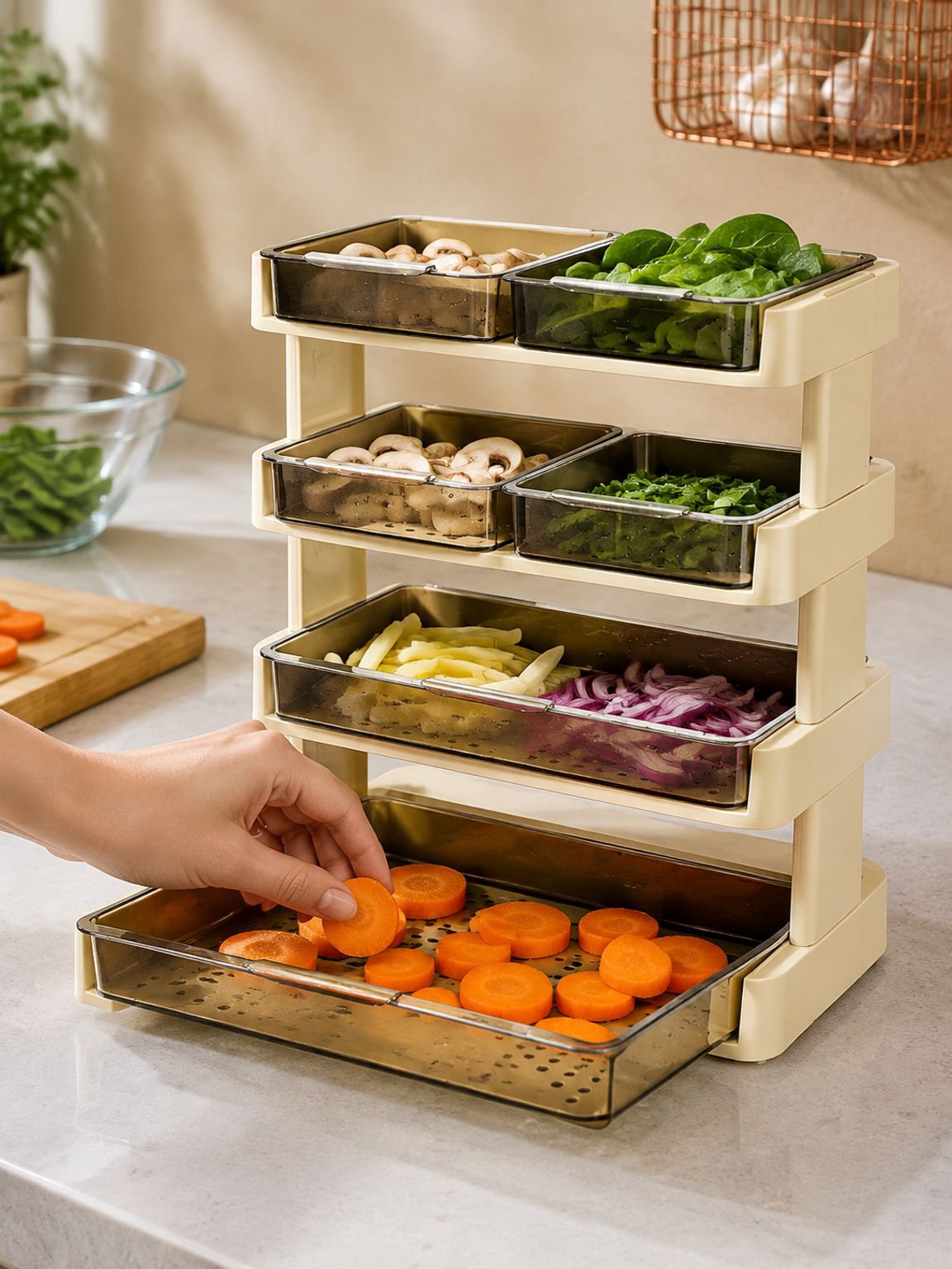 Détail de l'étagère de cuisine montrant des rangements pratiques