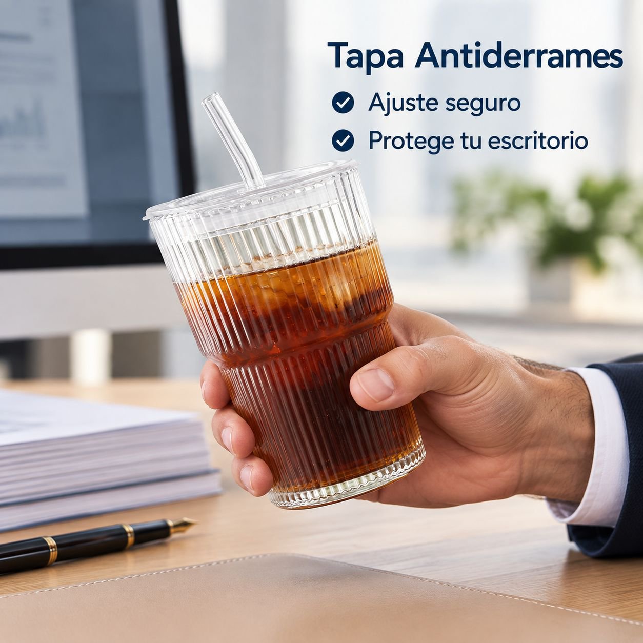 Vaso de vidrio con rayas verticales para agua o café, con tapa