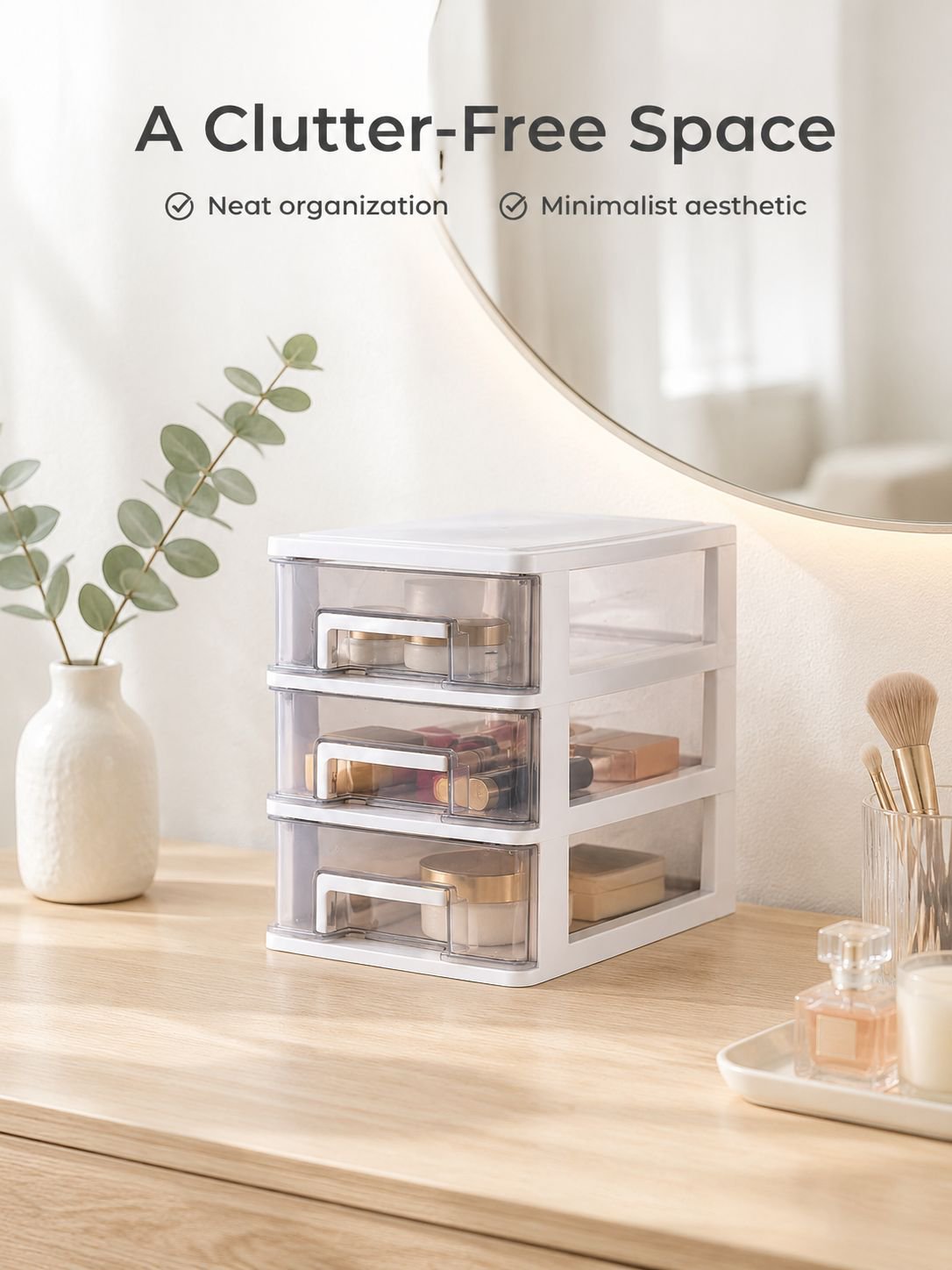 Clear desktop storage container for tidy and convenient item access