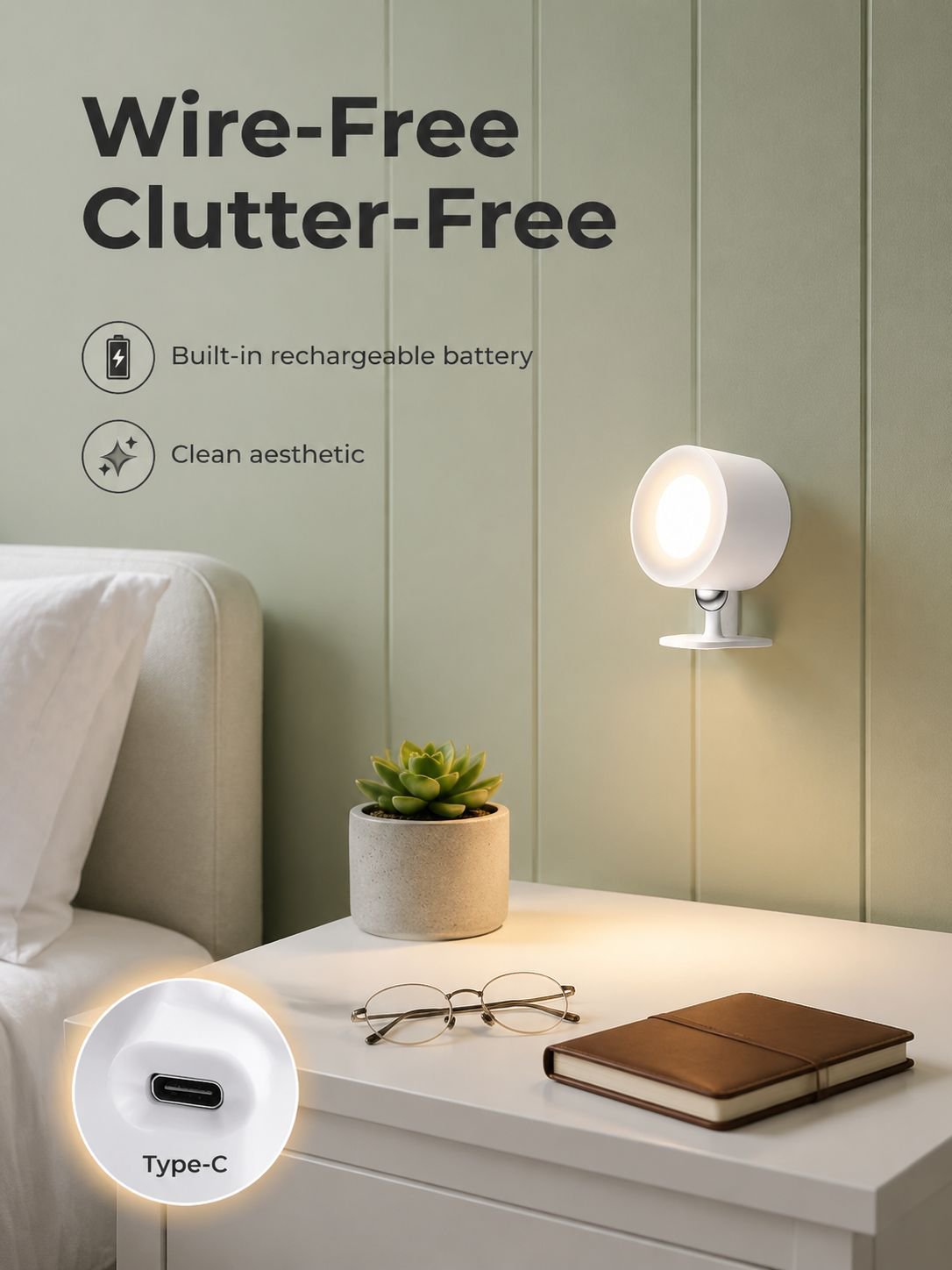 Rechargeable Wireless Drill-Free Magnetic Bedside Reading Light