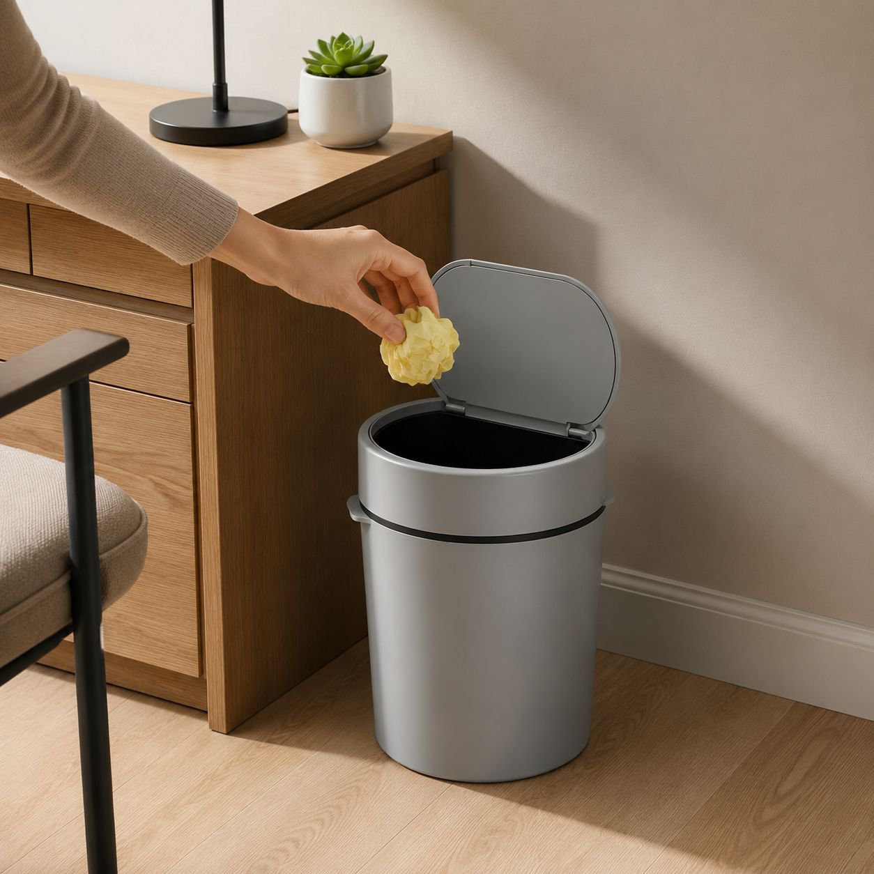 Durable storage trash can with easy-open lid
