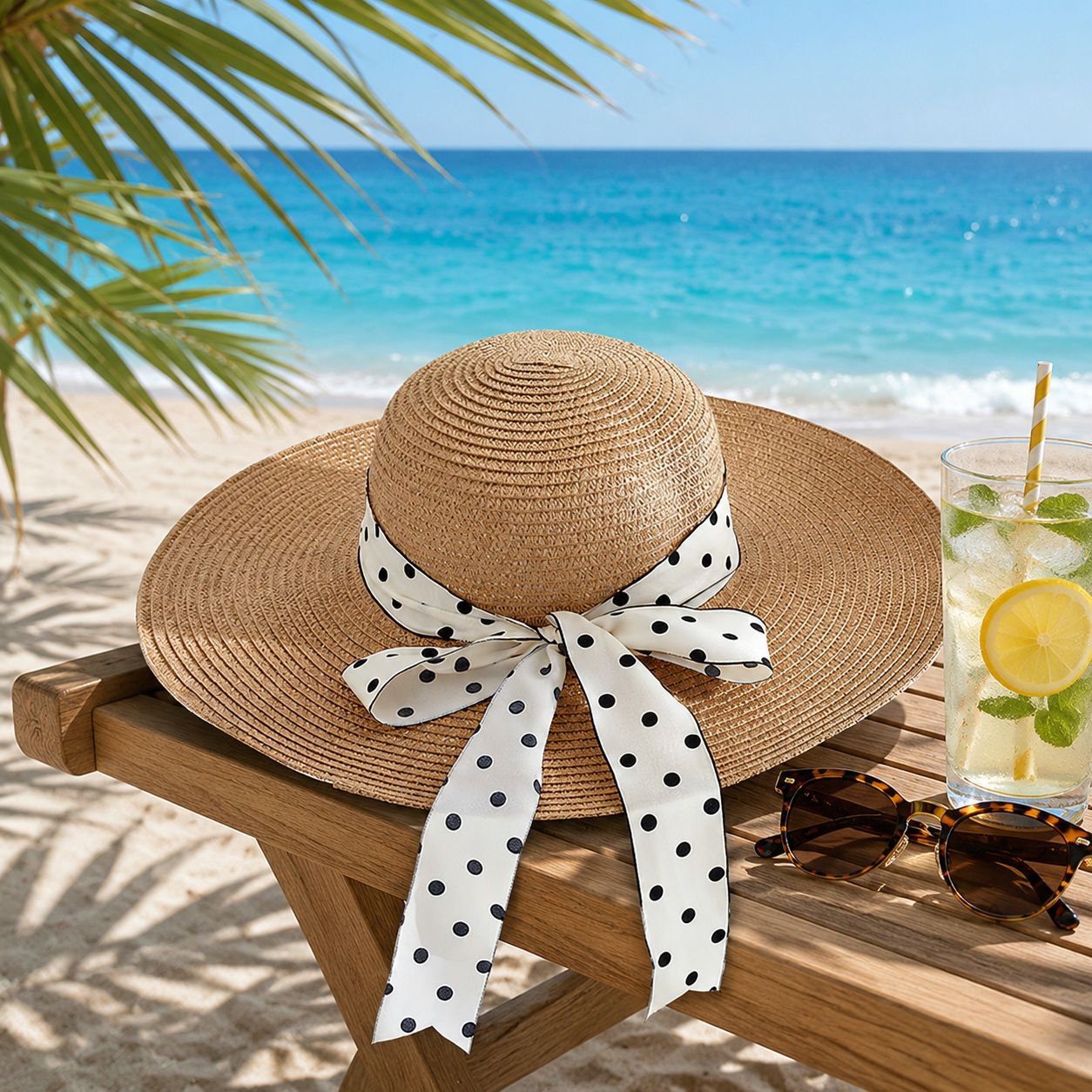 Summer wide-brimmed beach hat for women, sun protection, elegant women's vacation sun hat, polka dot