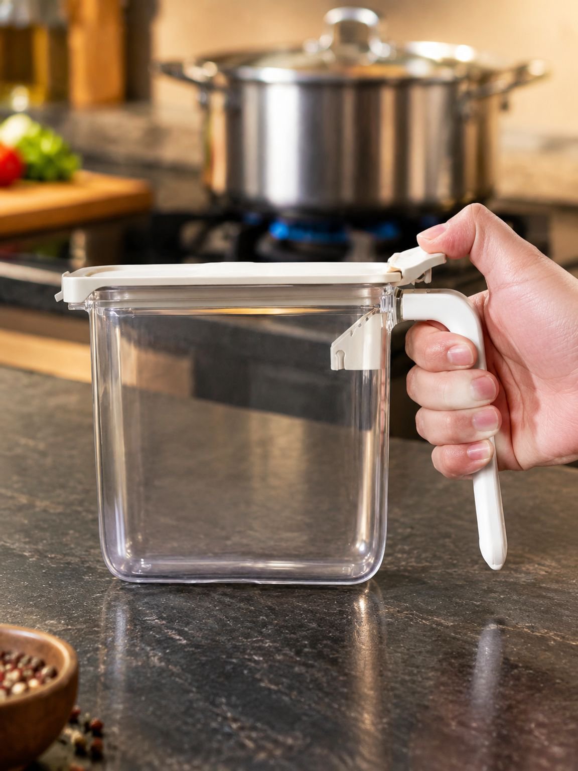 Bote de cocina con asa para fácil manipulación