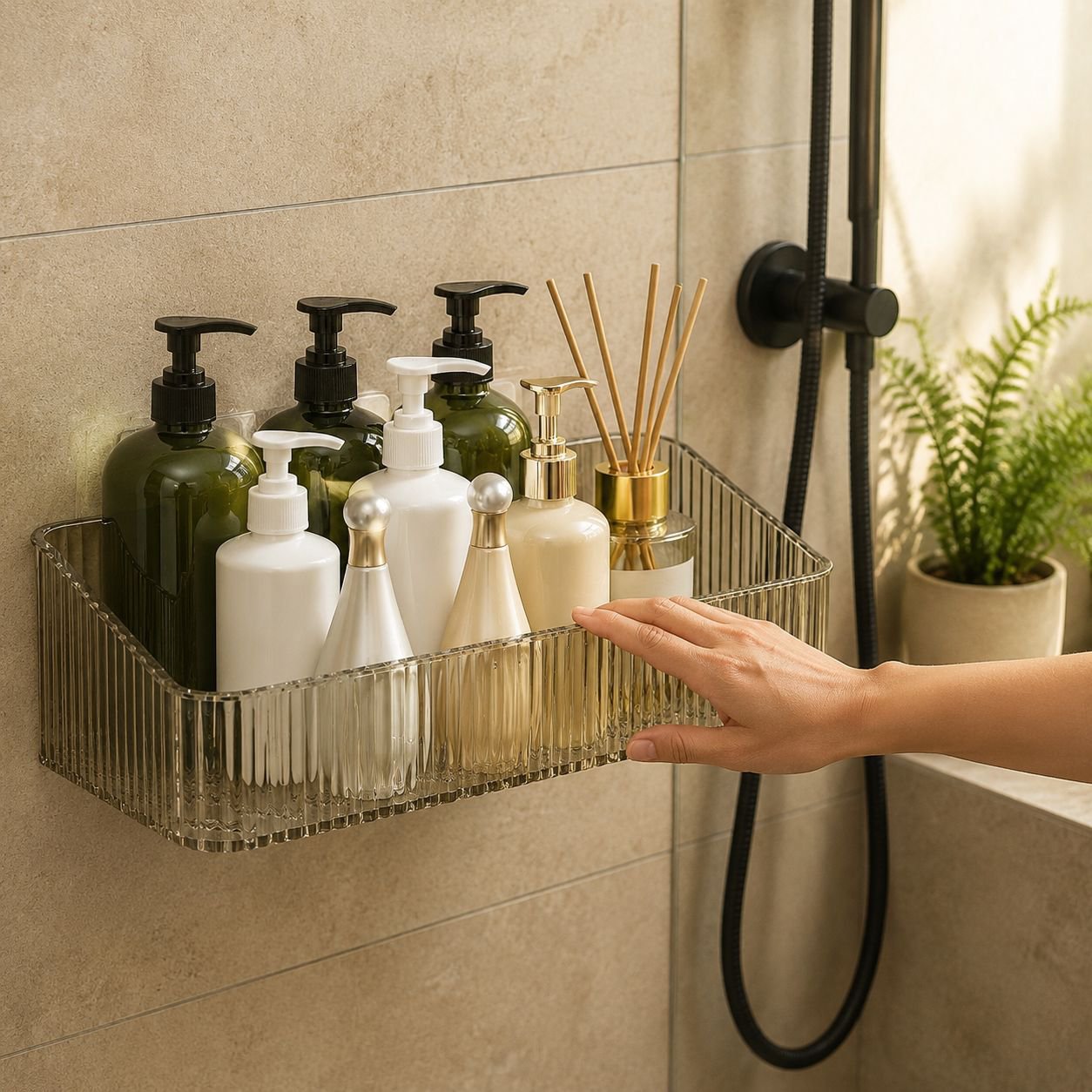 Draining Bathroom Storage Caddy on shower wall holding toiletries