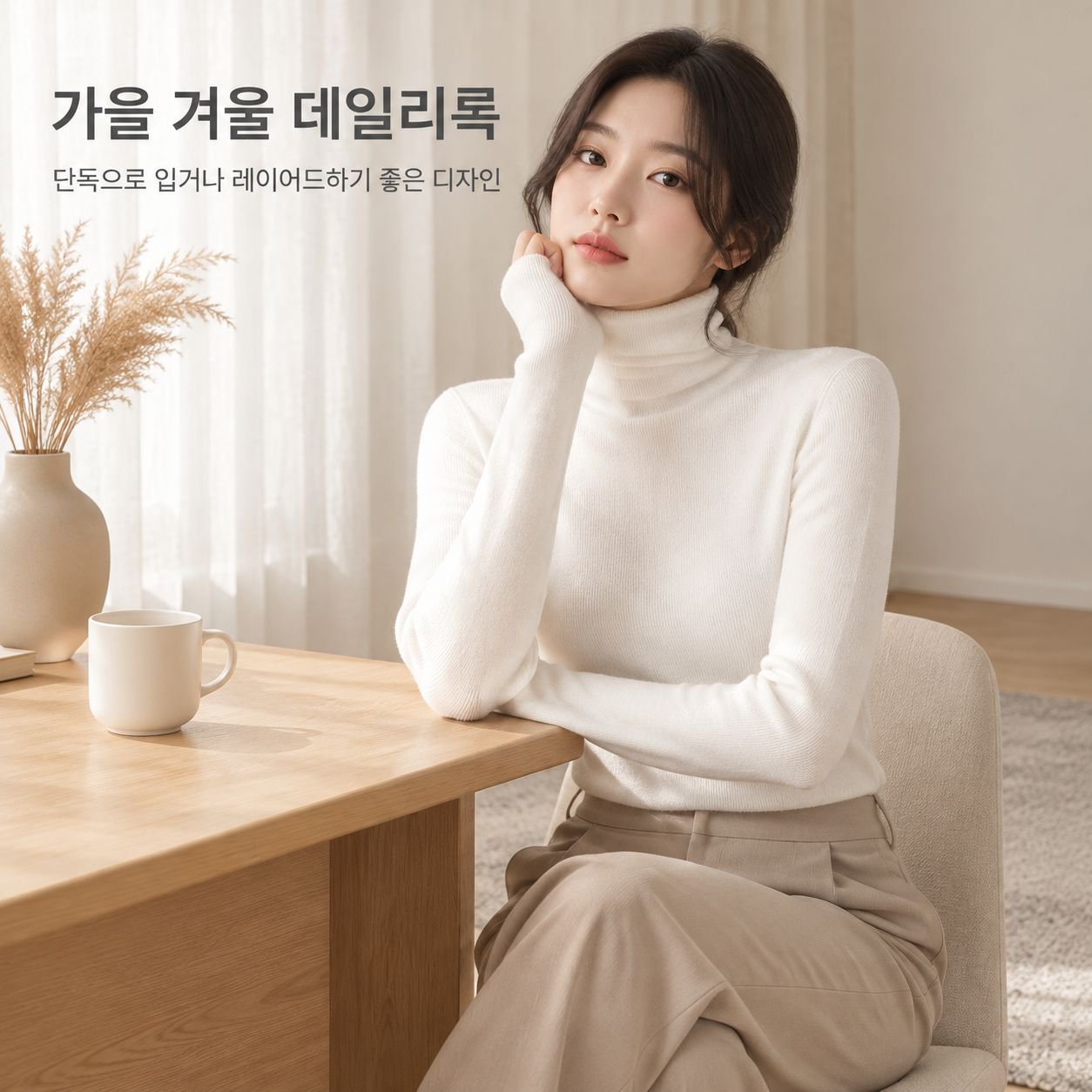 가을겨울 여성 화이트 루즈 터틀넥 슬림핏 긴팔 니트 티셔츠 이너