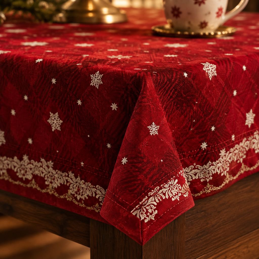 高品質な赤いクリスマステーブルクロスの生地アップ