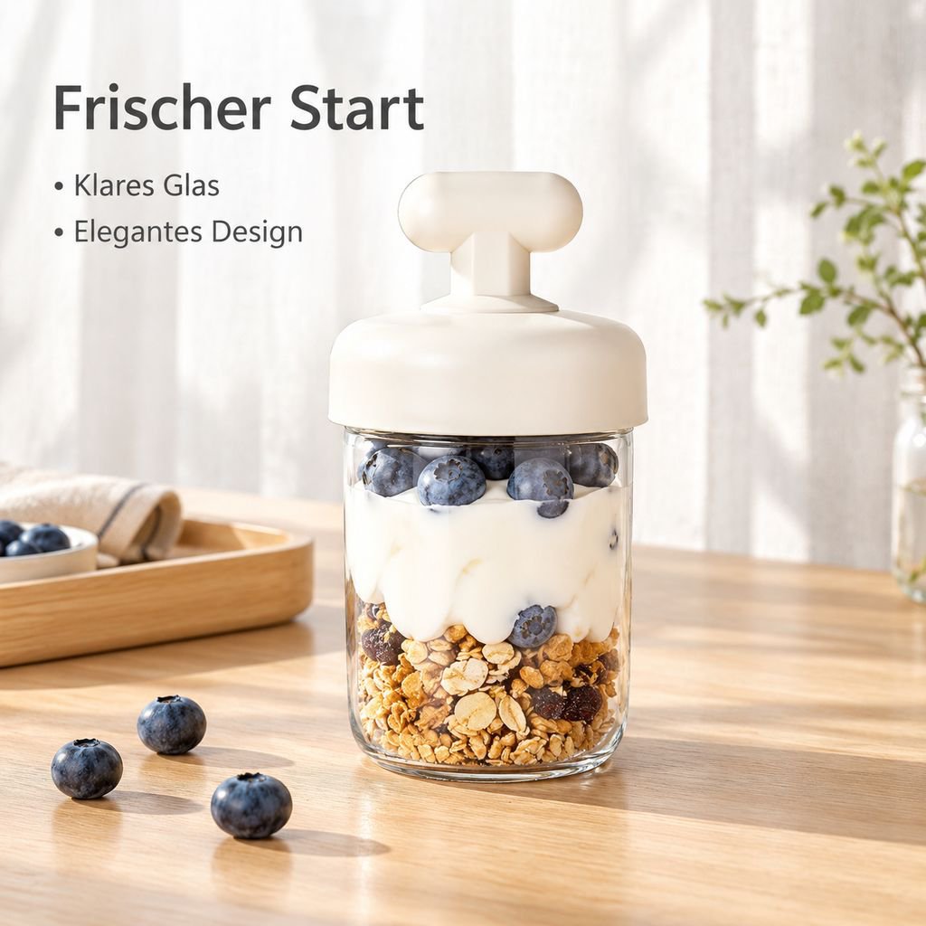 Tragbarer, auslaufsicherer Frühstücksbecher mit Deckel, Löffel und Fächern (für Joghurt/Haferbrei)