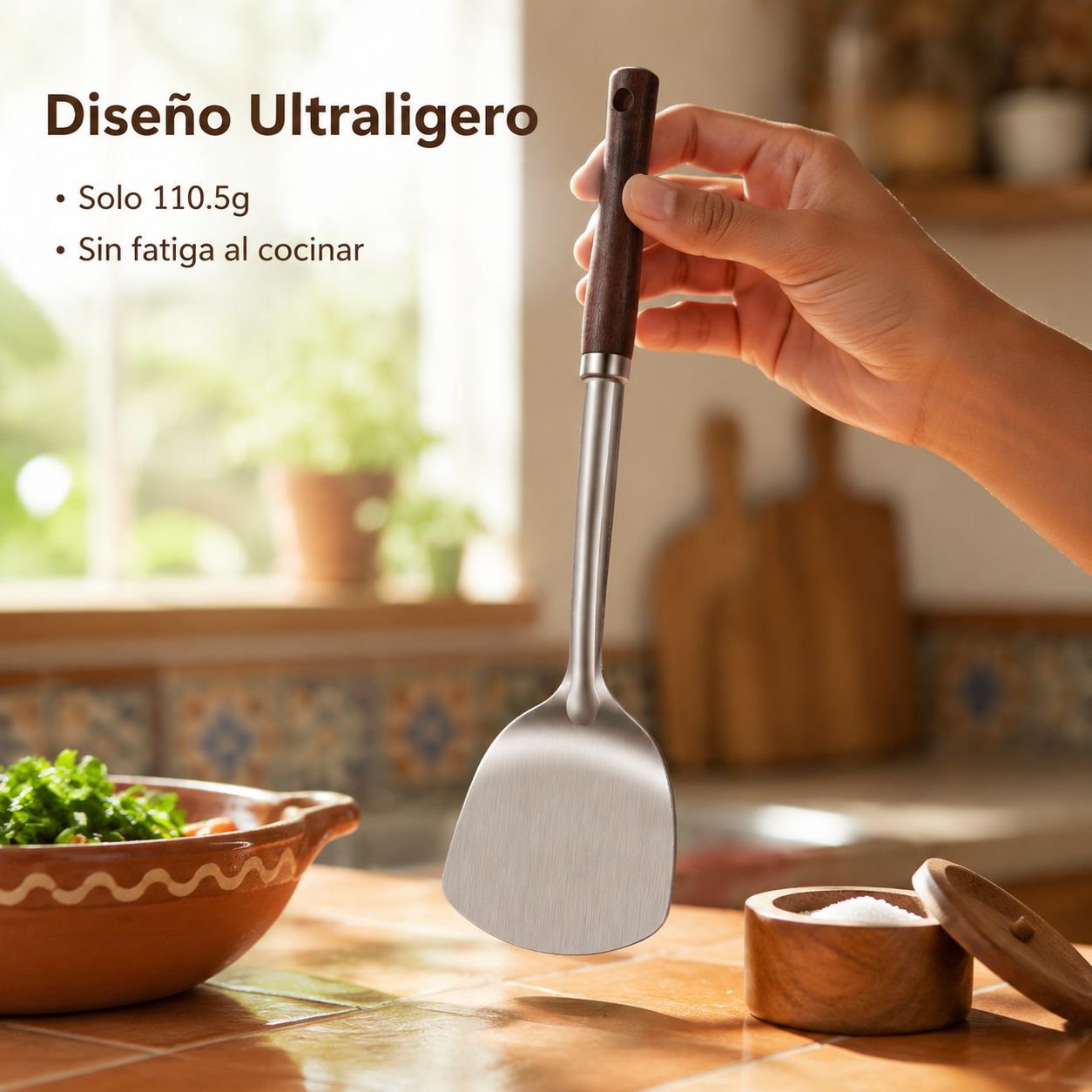 Espátula de acero inoxidable engrosada para cocinar.