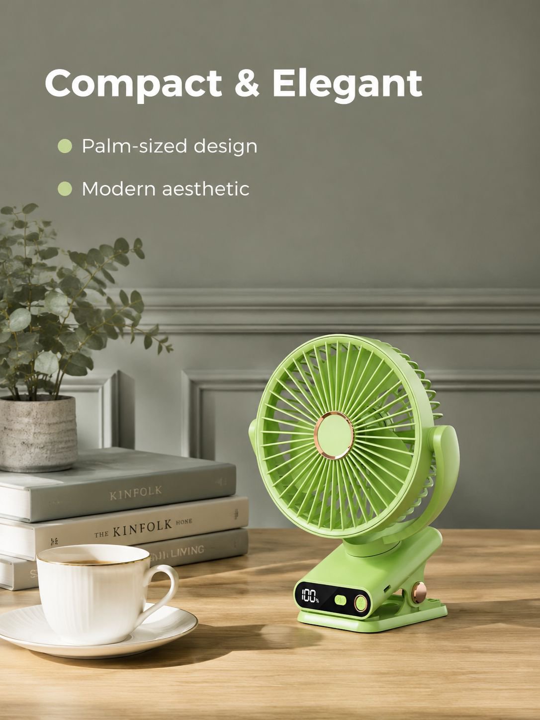 Desktop clip-on fan with automatic oscillation, USB charging, digital display, silent night light, p