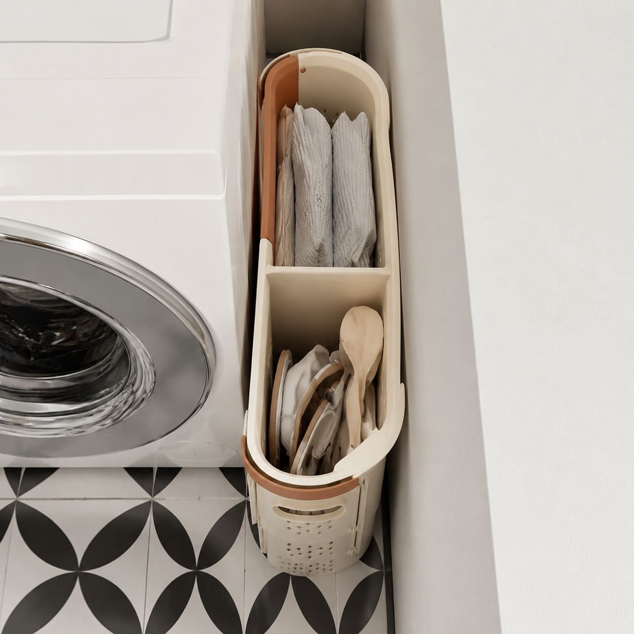 Neat and tidy wardrobe with stackable organizer baskets