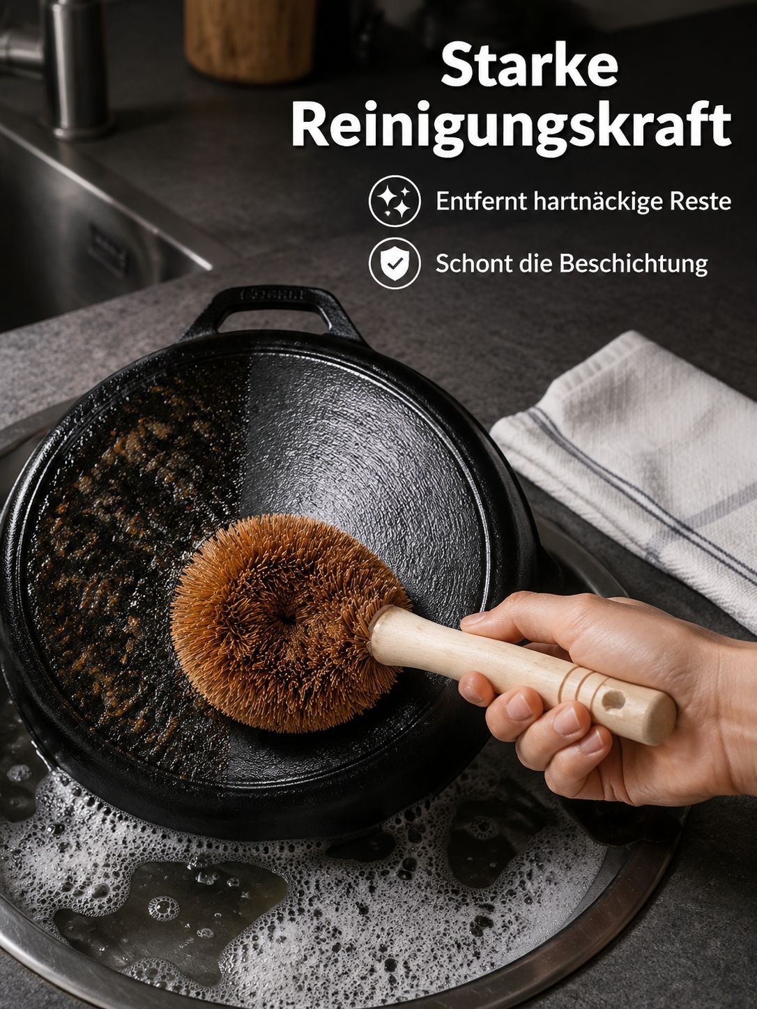 Ergonomische Kokosfaser-Bürste zur schonenden Reinigung von Kochgeschirr