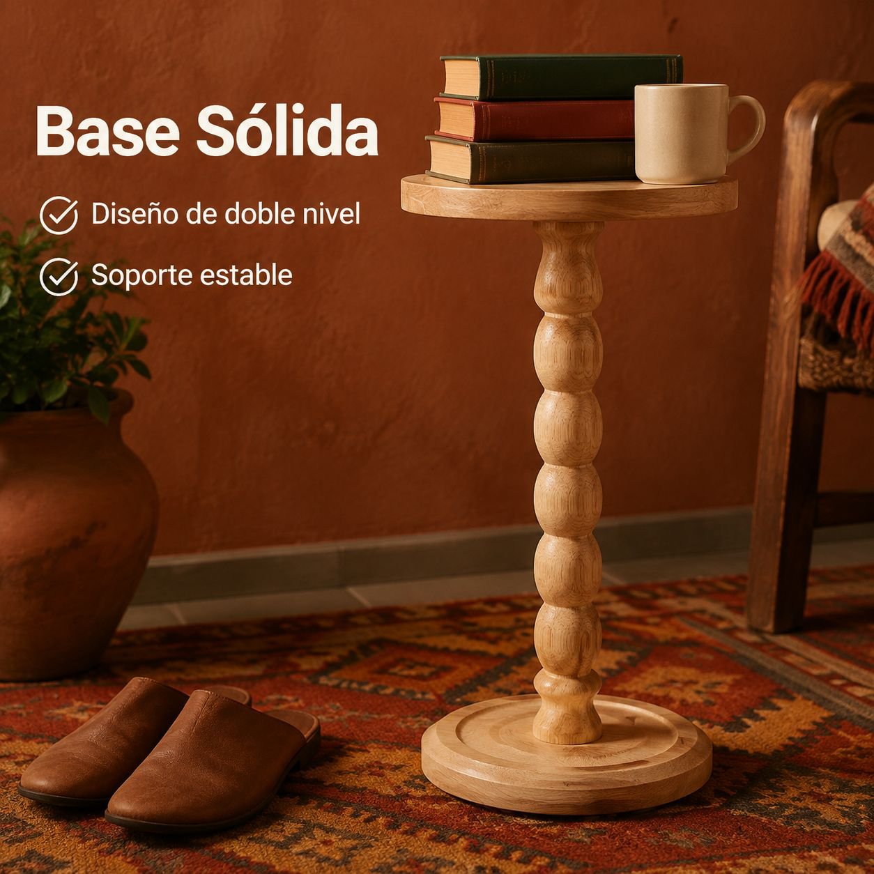Mesa auxiliar redonda de madera maciza