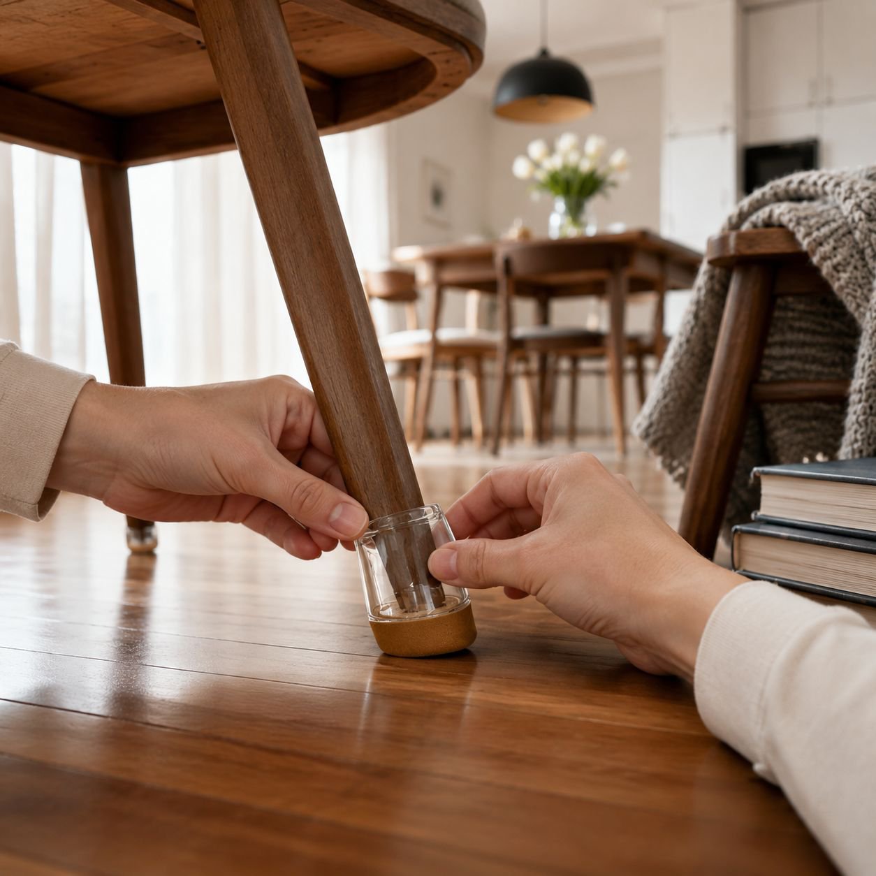 Set of angled silicone chair leg caps for hardwood floors