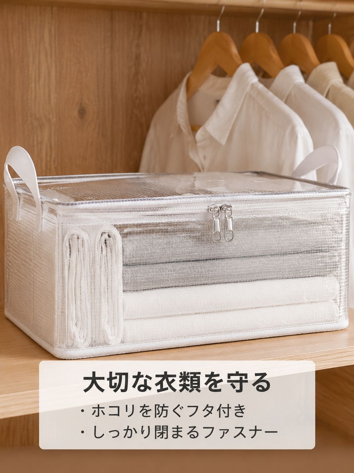 大容量家庭用透明収納ボックス、折りたたみ＆蓋付き、ワードローブ収納に最適。