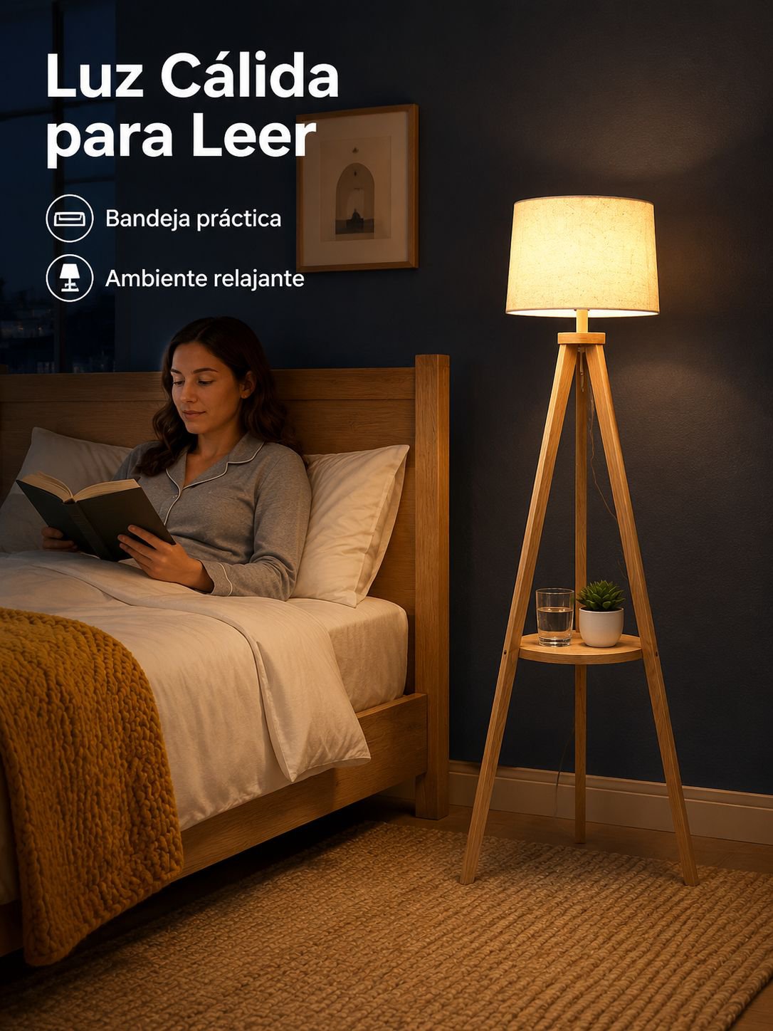 Lámpara de pie de salón con trípode de madera maciza