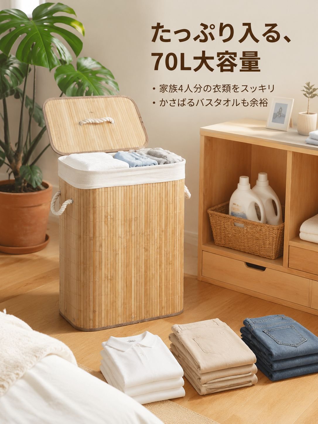 竹製ランドリーバスケット折りたたみ防塵収納カゴ