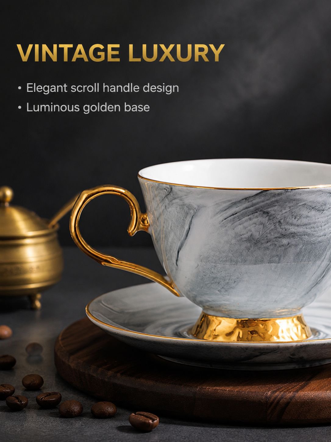 Close-up of marble ceramic coffee cup with saucer