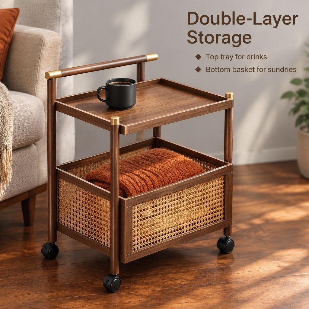 Retro Mobile Side Table Rolling Snack Cart Bedside Storage Small Coffee Table