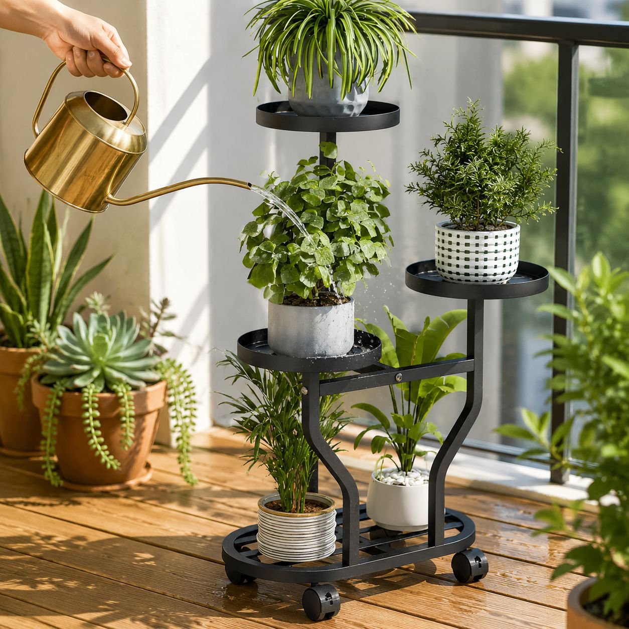 Nordic wrought iron movable plant stand with wheels in living room