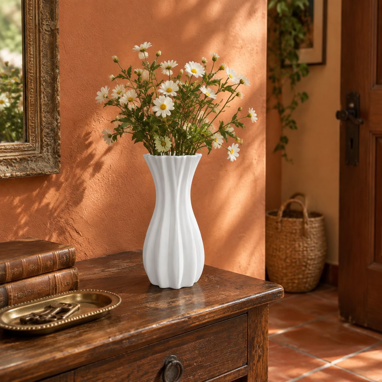 Jarrón y maceta de plástico con flores artificiales, adorno retro para el hogar