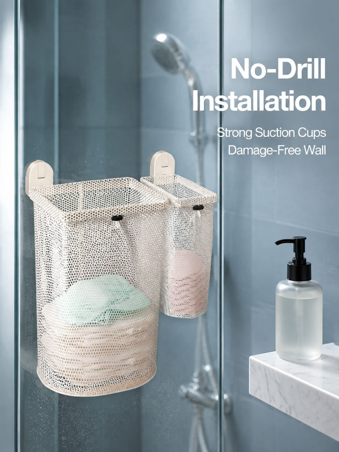 Double suction cup laundry basket, wall-mounted, no-drill, foldable, breathable, suitable for bathro