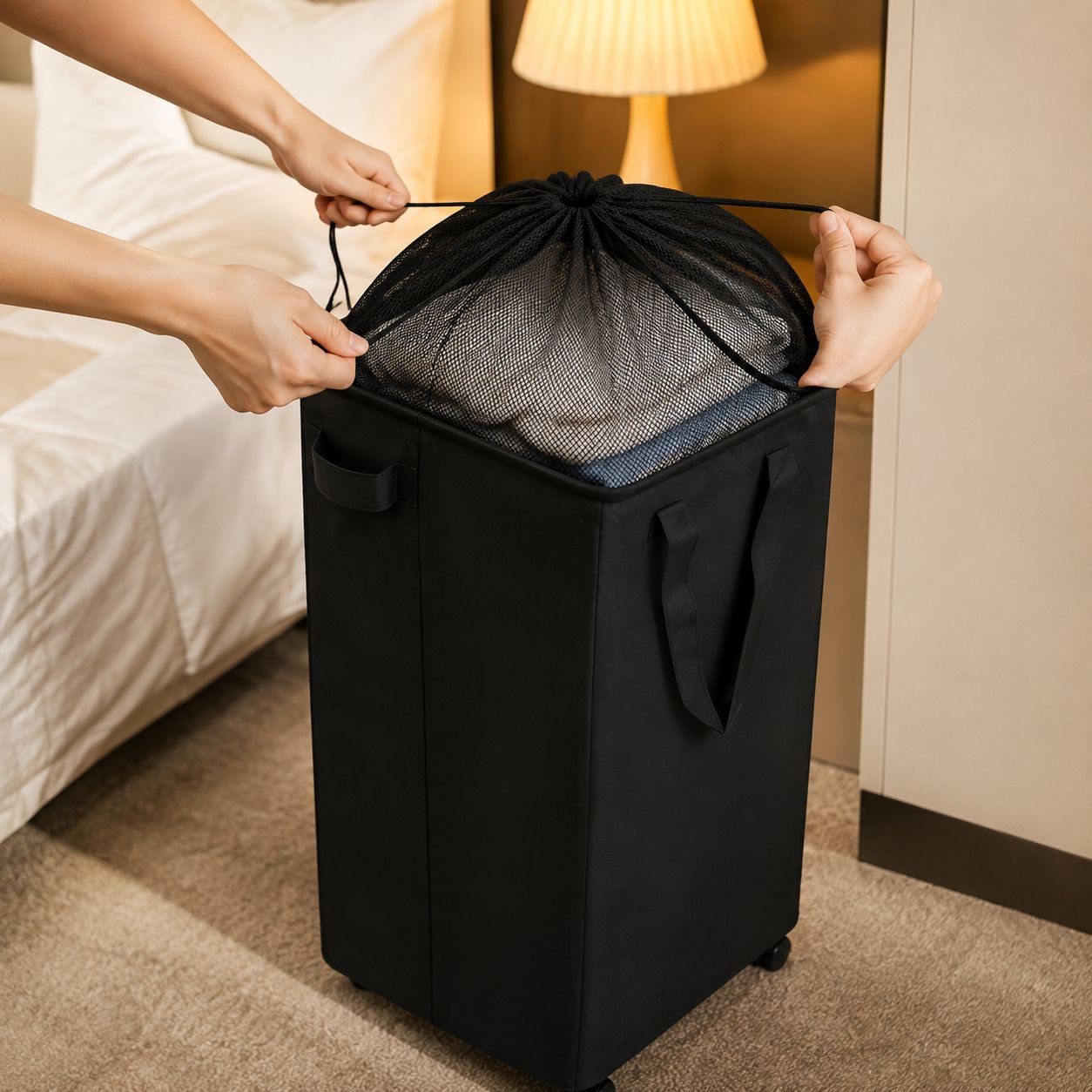 Movable Dustproof Waterproof Storage Hamper with Drawstring Closure