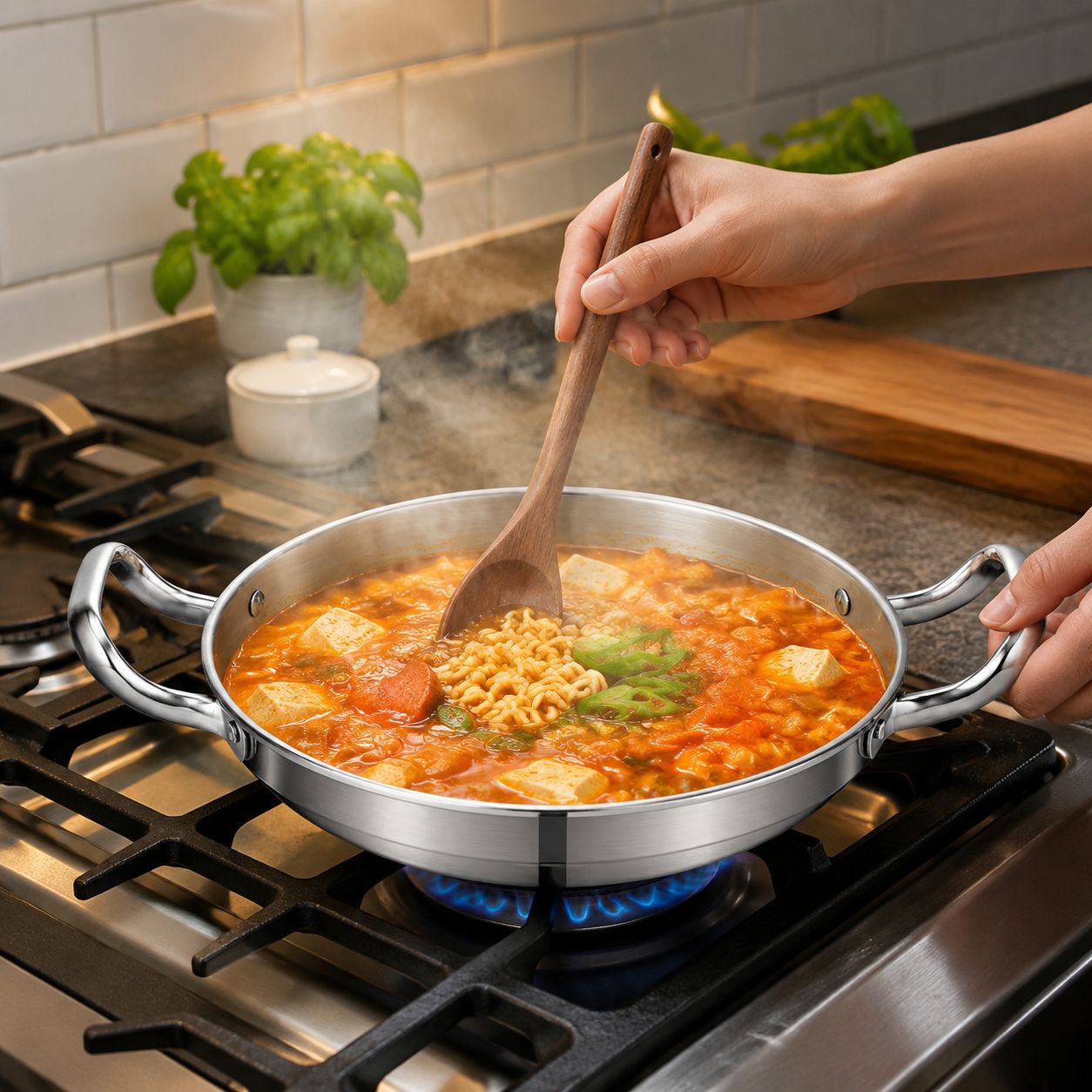 Double Ear Shallow Stainless Steel Pot for Seafood