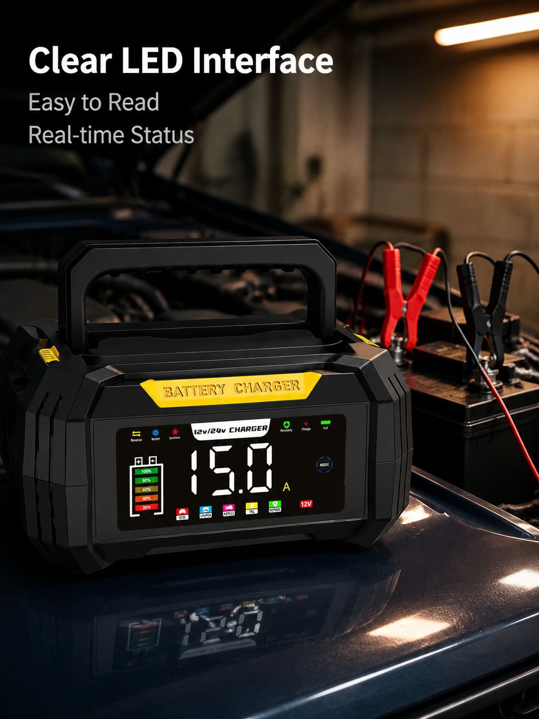 New portable 12V lead-acid/lithium iron phosphate universal car battery charger with concealed cable