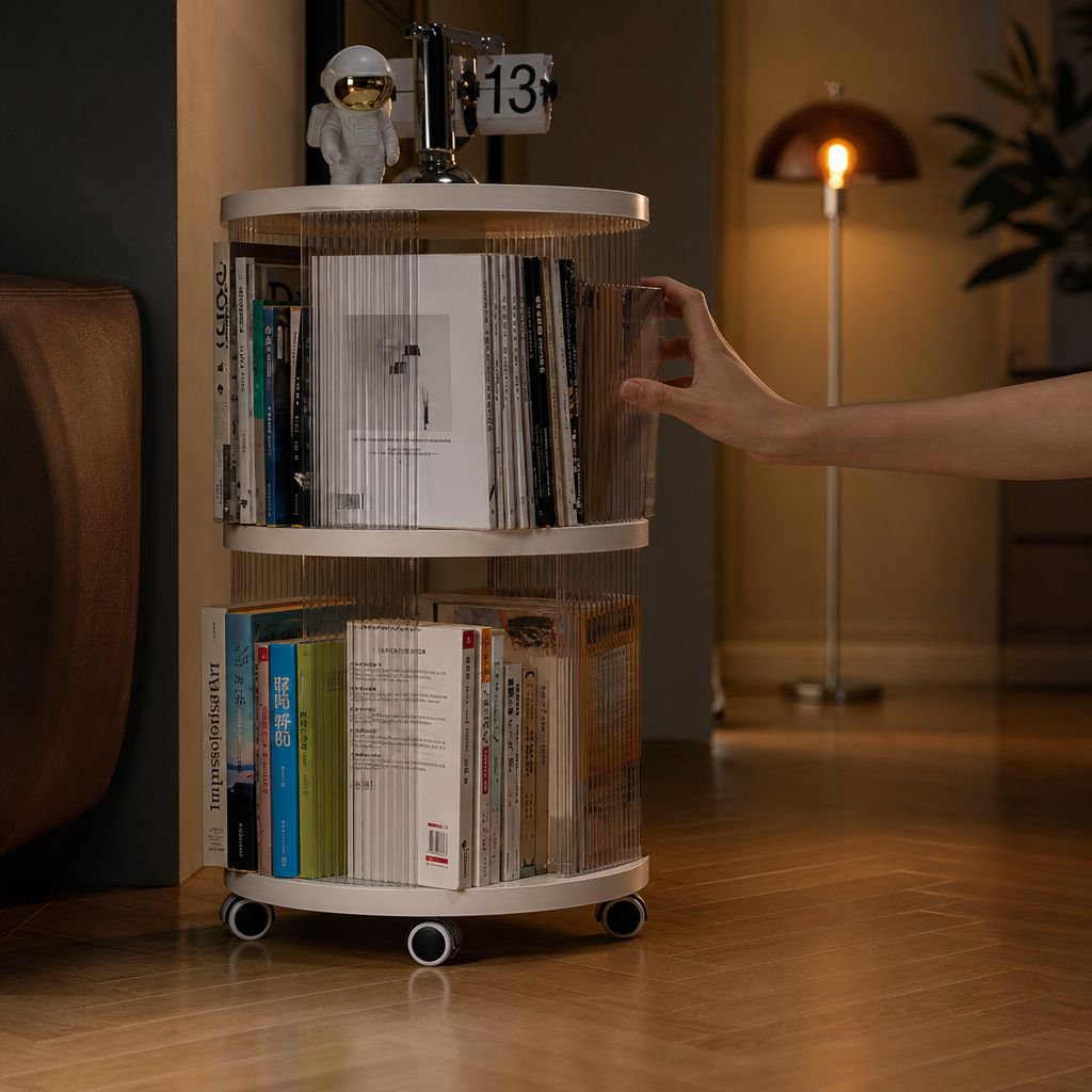 Books and decor displayed on multi-layer bookshelf