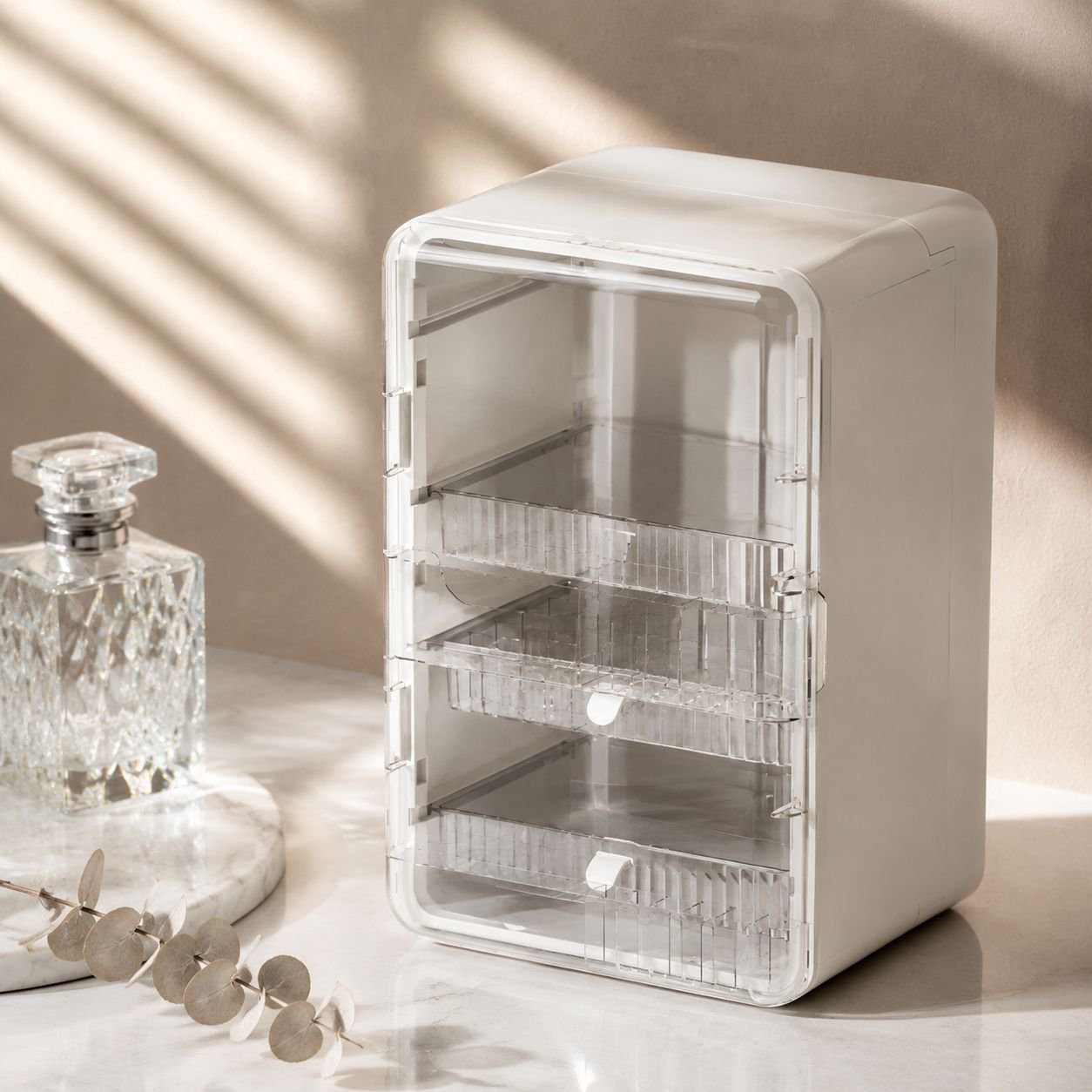Dustproof cosmetic storage box for vanity