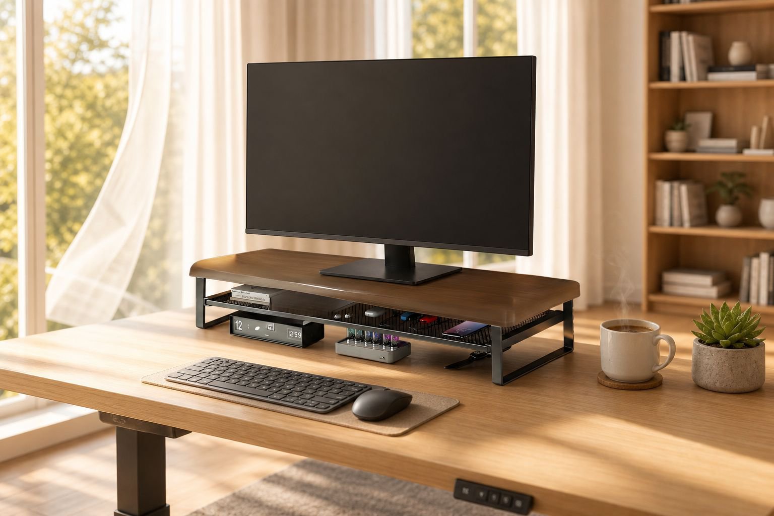 Adjustable Monitor Riser with Sliding Storage Drawer