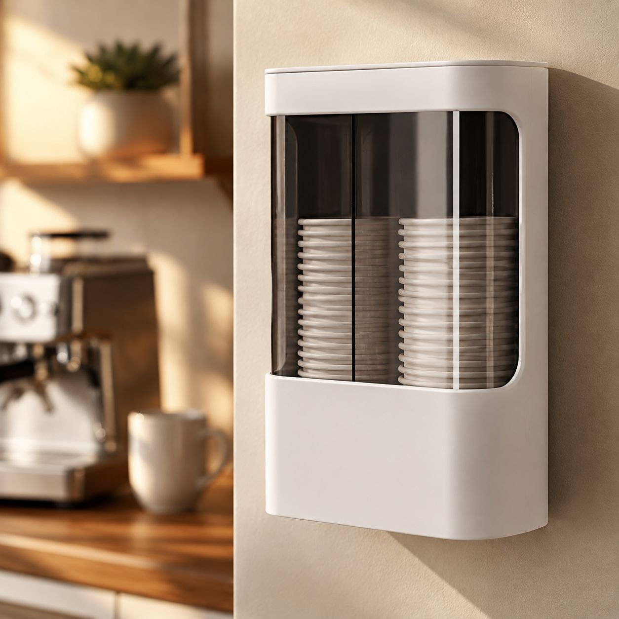Space-saving wall-mounted paper cup dispenser for kitchen or office