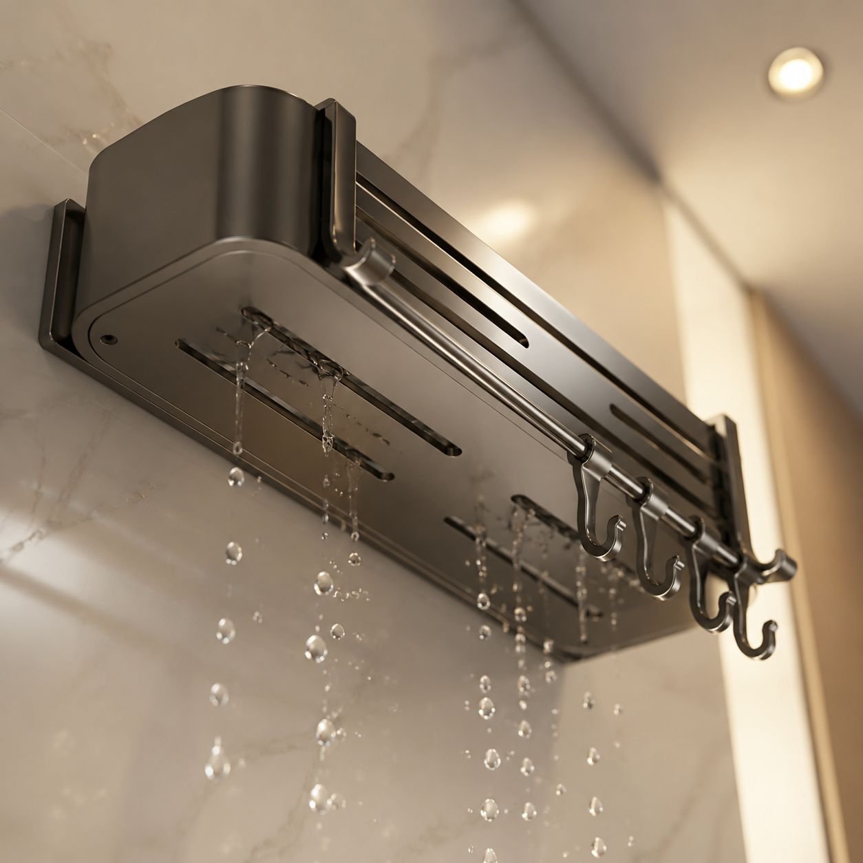 Space-saving rectangular bathroom rack for toiletries