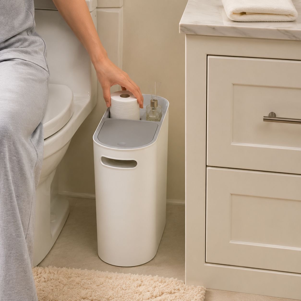 Slim push lid garbage bin for narrow spaces