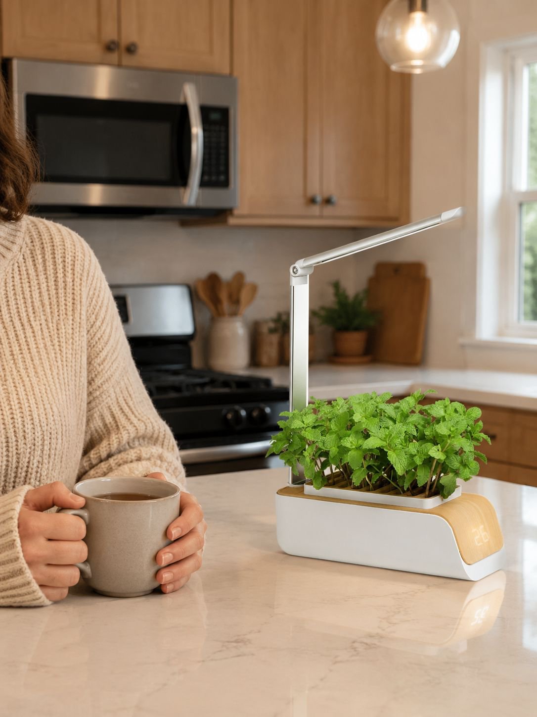 Maceta decorativa inteligente con iluminación para plantas