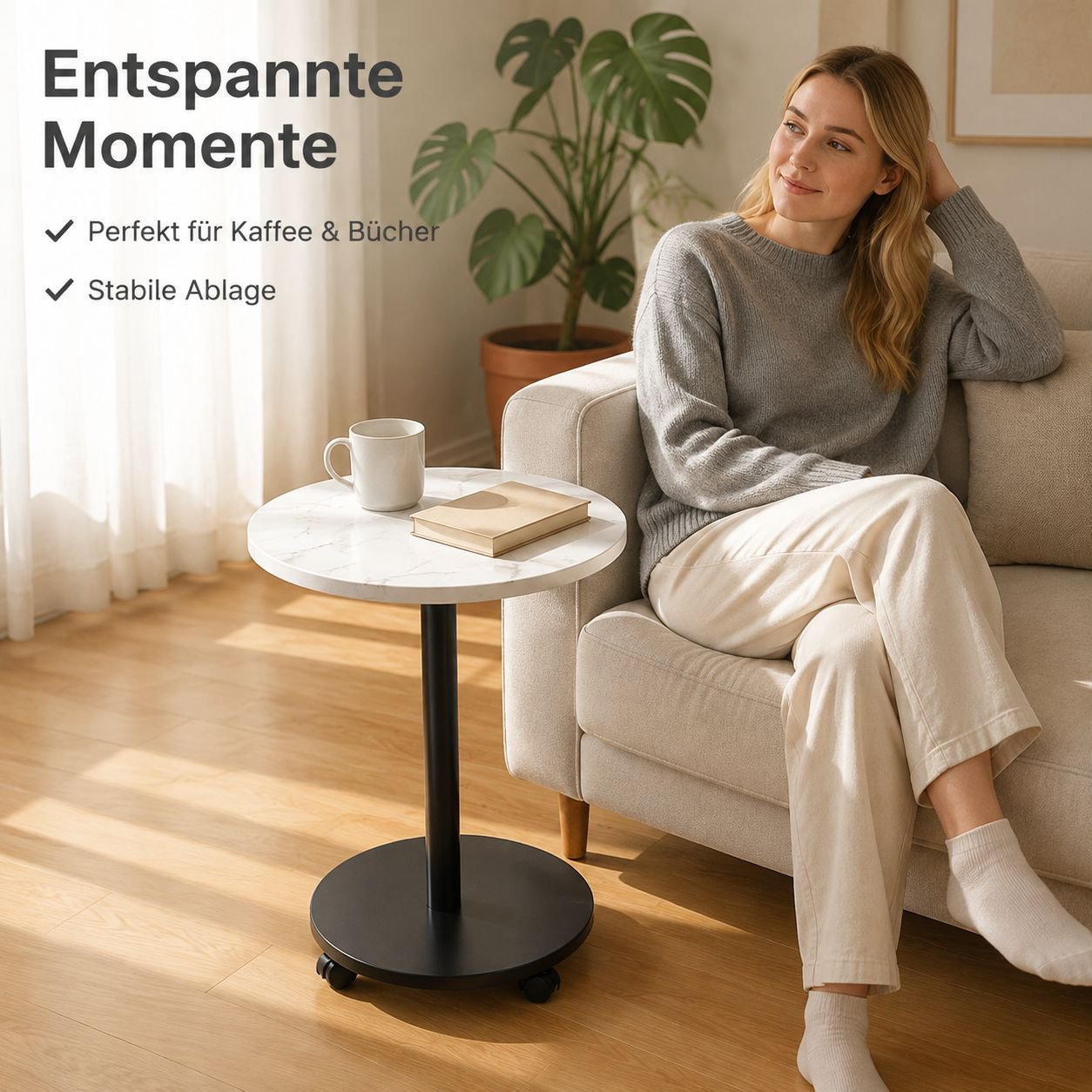 Einfacher kleiner runder Tisch für den Heimgebrauch, als Beistelltisch neben dem Sofa oder als Nacht