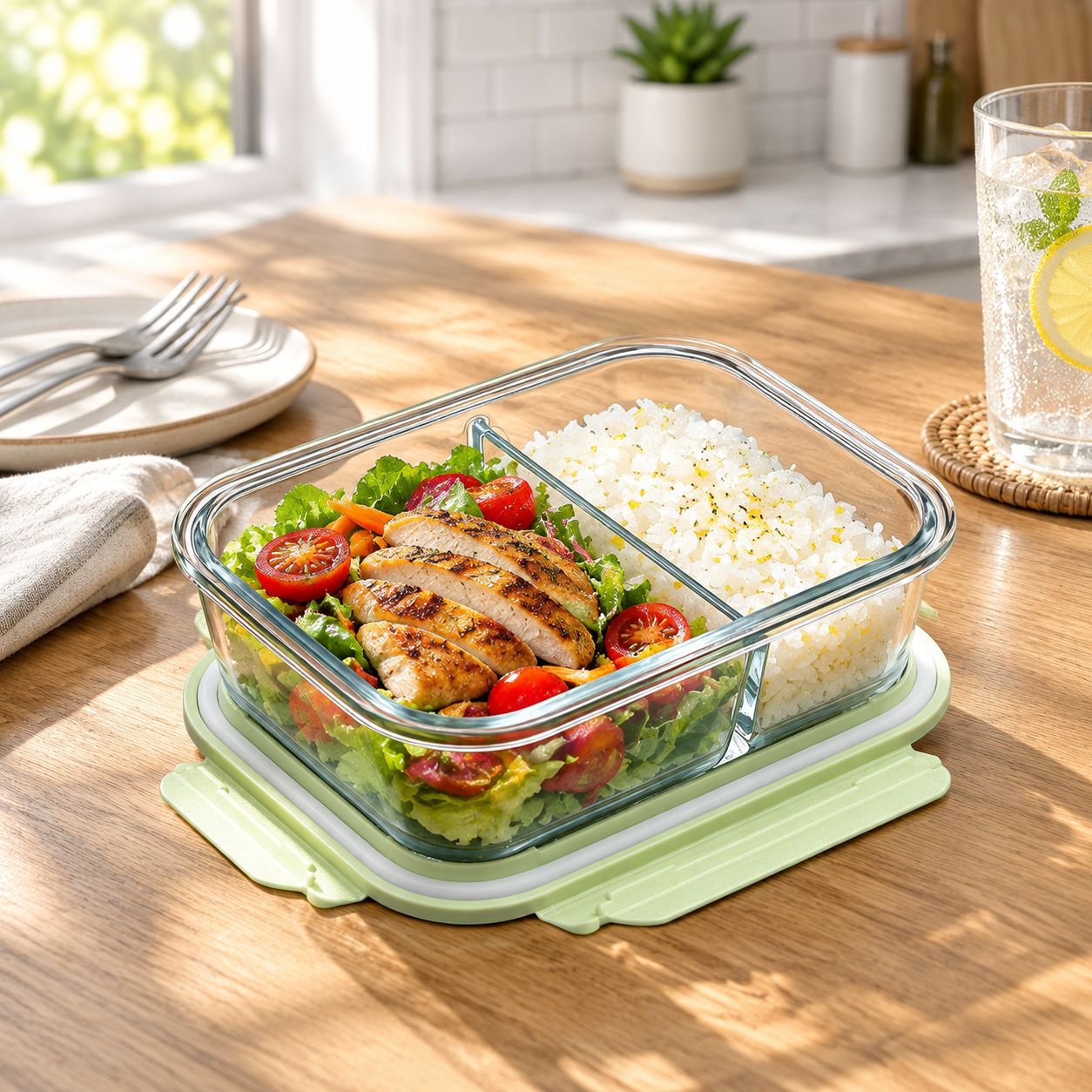 Microwave Safe Glass Bento Lunch Box with Divided Compartments and Lid
