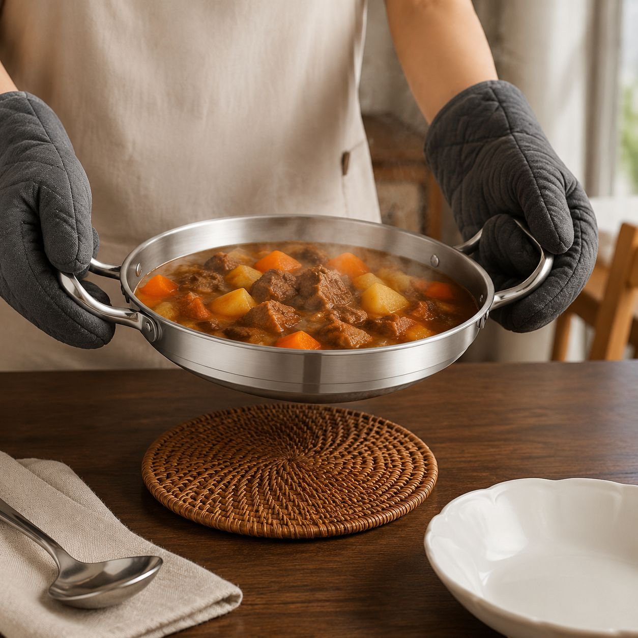 Double Ear Shallow Stainless Steel Pot for Seafood